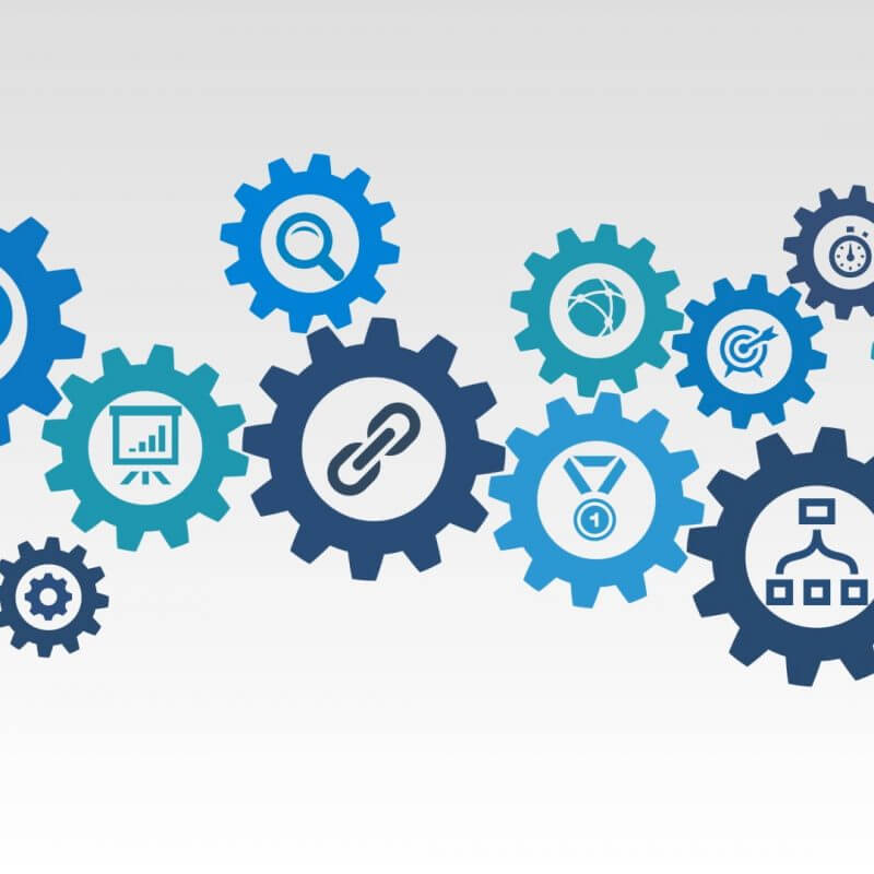 Infografik mit vielen Zahnrädern und unterschiedlichen Icons