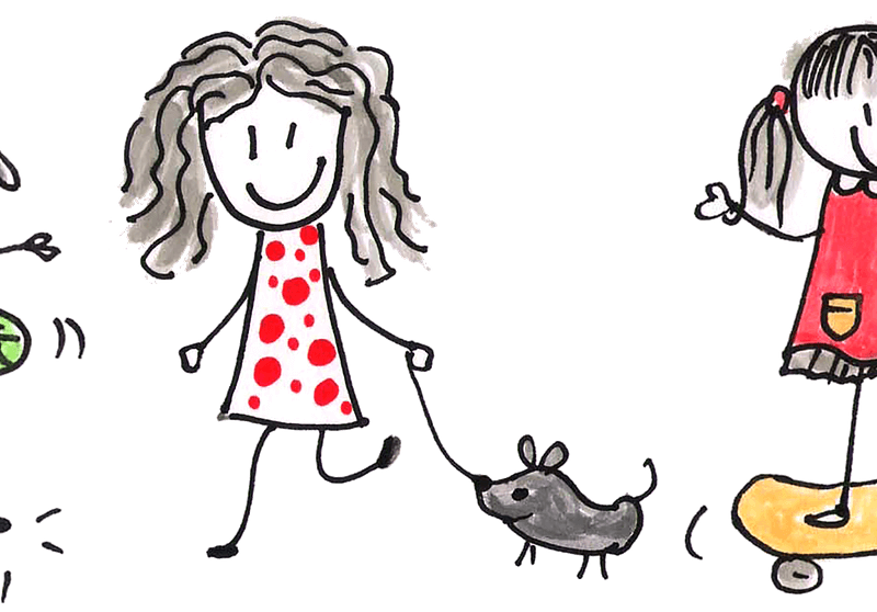 Eine Zeichnung von Mädchen bei unterschiedlichen Aktivitäten wie Fußball, Hula Hoop, Gassie gehen, Skaten oder Seilspringen