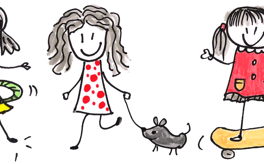 Eine Zeichnung von Mädchen bei unterschiedlichen Aktivitäten wie Fußball, Hula Hoop, Gassie gehen, Skaten oder Seilspringen