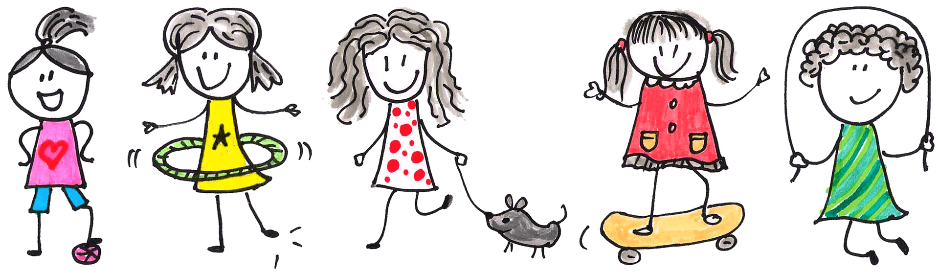 Eine Zeichnung von Mädchen bei unterschiedlichen Aktivitäten wie Fußball, Hula Hoop, Gassie gehen, Skaten oder Seilspringen