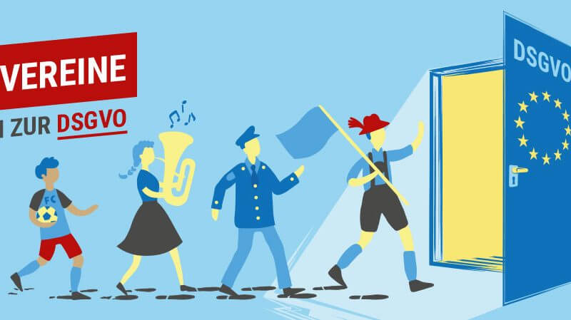 Gezeichnete Personen laufen durch eine Tür. Auf dieser Tür ist die europäische Flagge und die Schrift DSGVO. Links der Schriftzug Für Vereine, Hilfen zur DSGVO