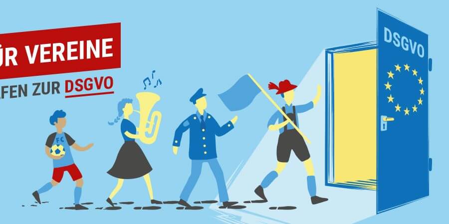 Gezeichnete Personen laufen durch eine Tür. Auf dieser Tür ist die europäische Flagge und die Schrift DSGVO. Links der Schriftzug Für Vereine, Hilfen zur DSGVO