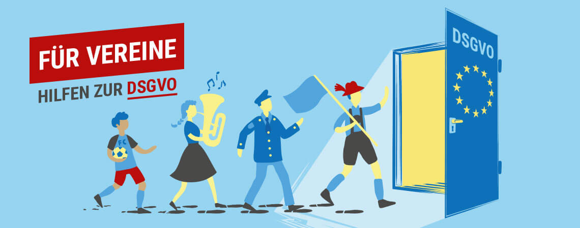 Gezeichnete Personen laufen durch eine Tür. Auf dieser Tür ist die europäische Flagge und die Schrift DSGVO. Links der Schriftzug Für Vereine, Hilfen zur DSGVO