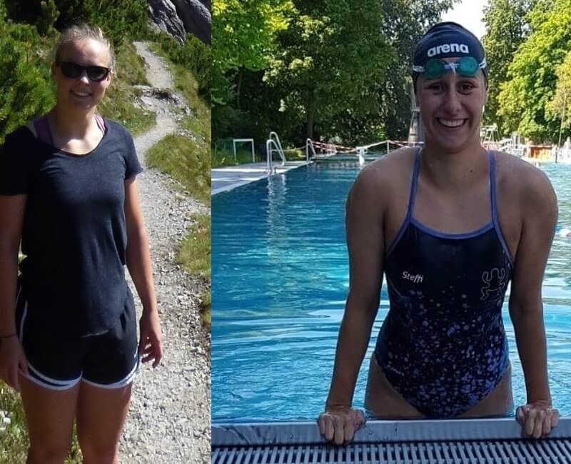 links eine Frau auf einem Wanderweg, rechts eine Frau in einem Schwimmbecken
