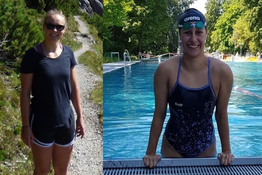 links eine Frau auf einem Wanderweg, rechts eine Frau in einem Schwimmbecken