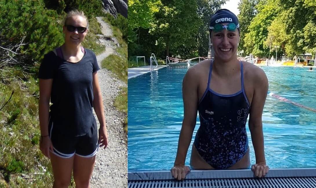 links eine Frau auf einem Wanderweg, rechts eine Frau in einem Schwimmbecken