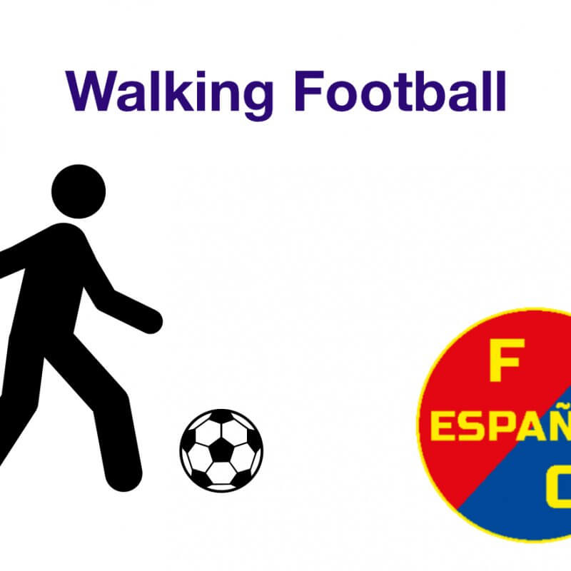 Logo FC Espanol mit der Überschrift Walking Football und einem Fußball spielenden Icon