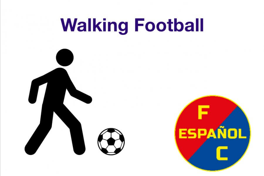 Logo FC Espanol mit der Überschrift Walking Football und einem Fußball spielenden Icon