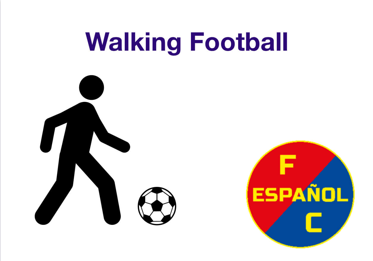 Logo FC Espanol mit der Überschrift Walking Football und einem Fußball spielenden Icon