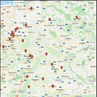 Deutschlandkarte mit vielen Stecknadeln