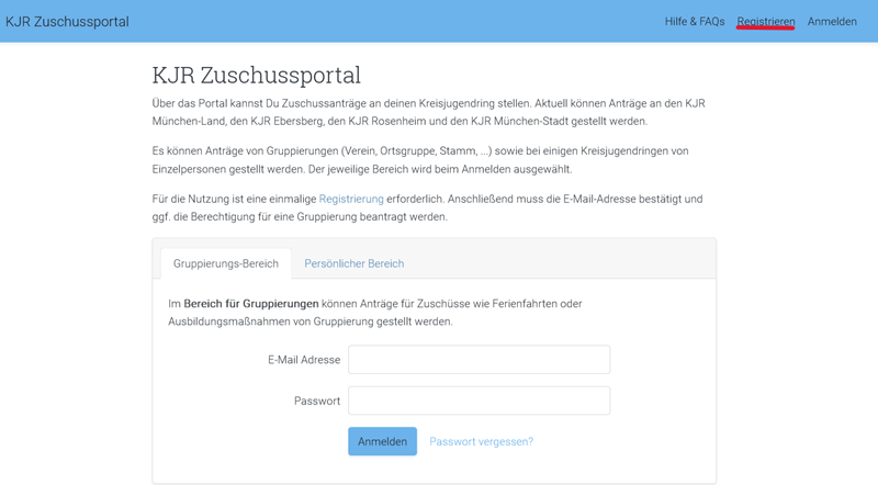 Screenshot des KJR Zuschussportal