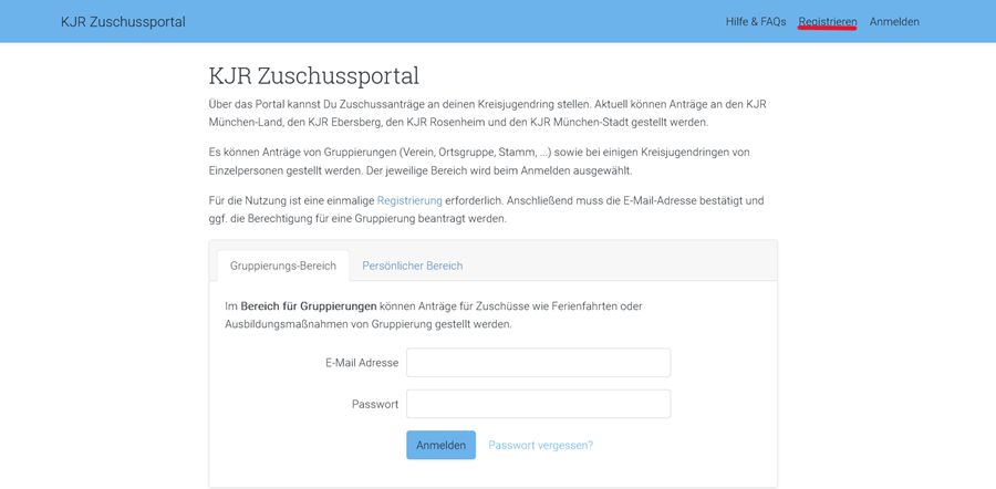 Screenshot des KJR Zuschussportal