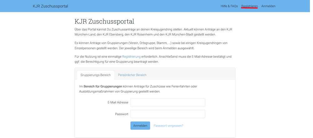 Screenshot des KJR Zuschussportal