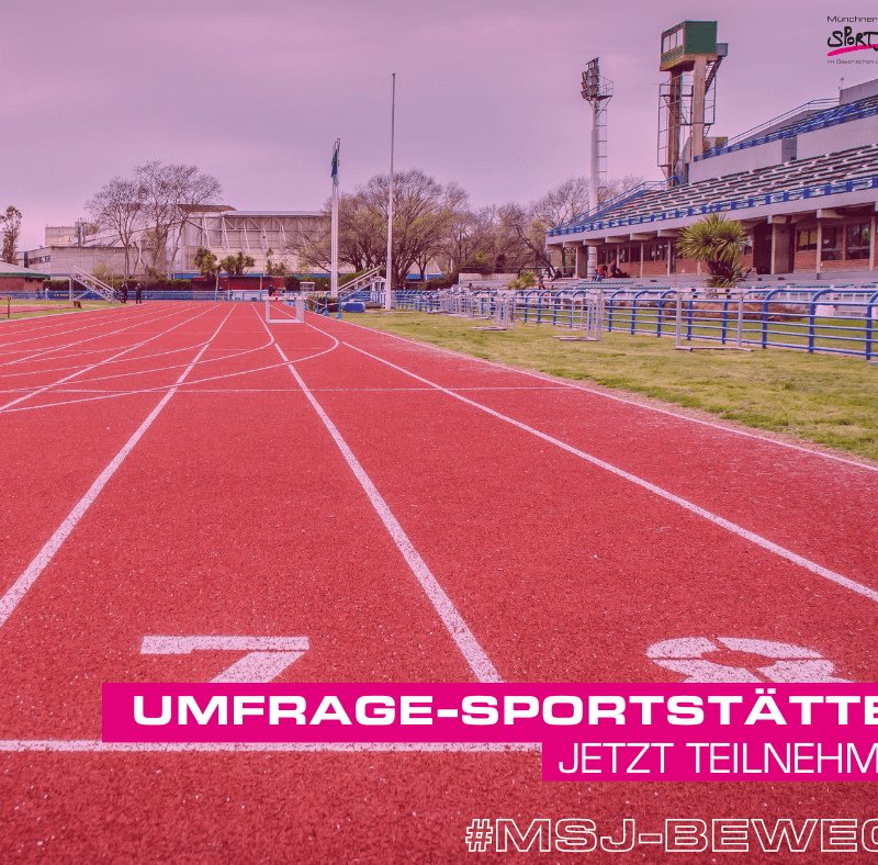 Eine Tartanbahn in einem Stadion. Unten der Text - Umfrage-Sportstätten jetzt teilnehmen