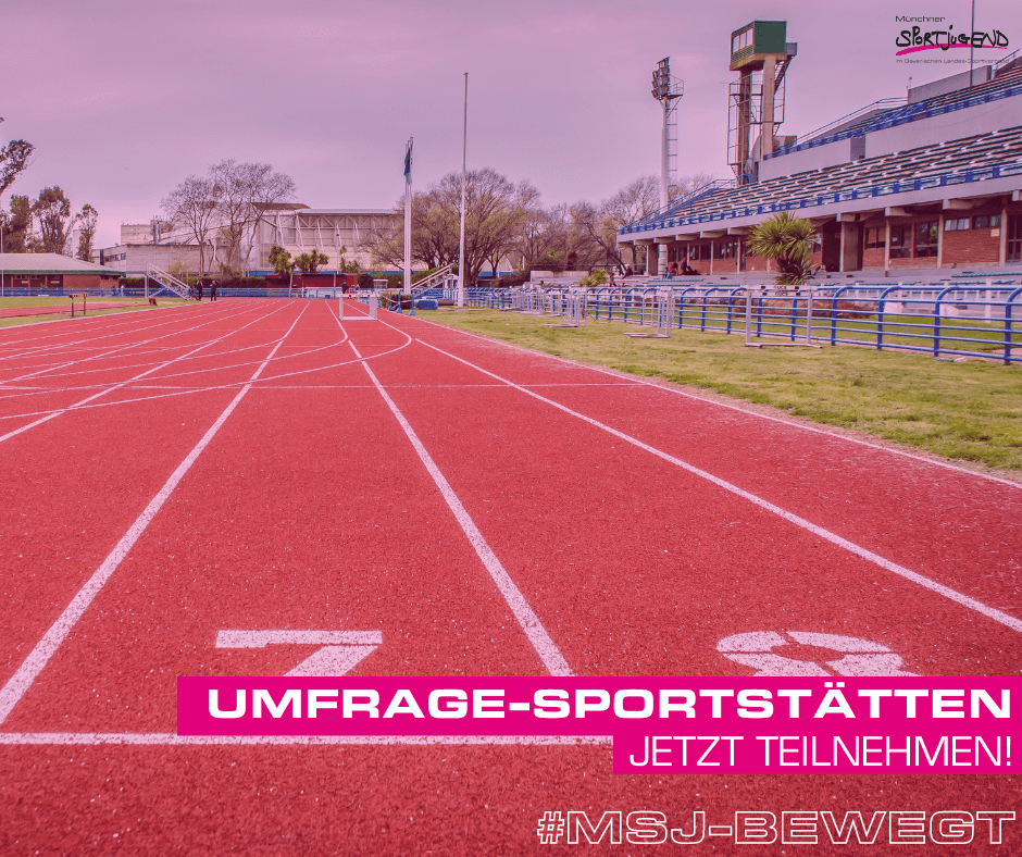 Eine Tartanbahn in einem Stadion. Unten der Text - Umfrage-Sportstätten jetzt teilnehmen