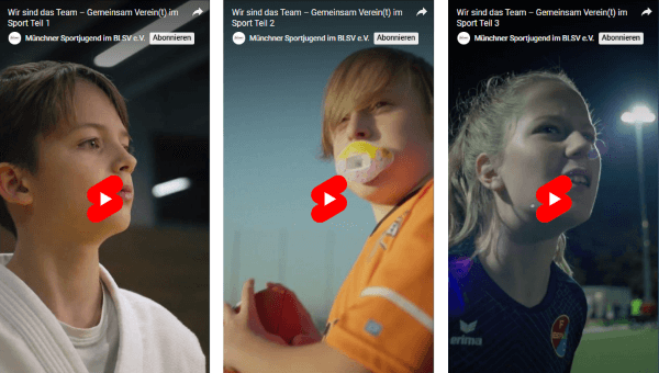 Drei Thumbnails von Youtube-Shorts. Diese zeigen jeweils ein Protrait eines Kindes bei den Sportarten Karate, American Football und Fußball