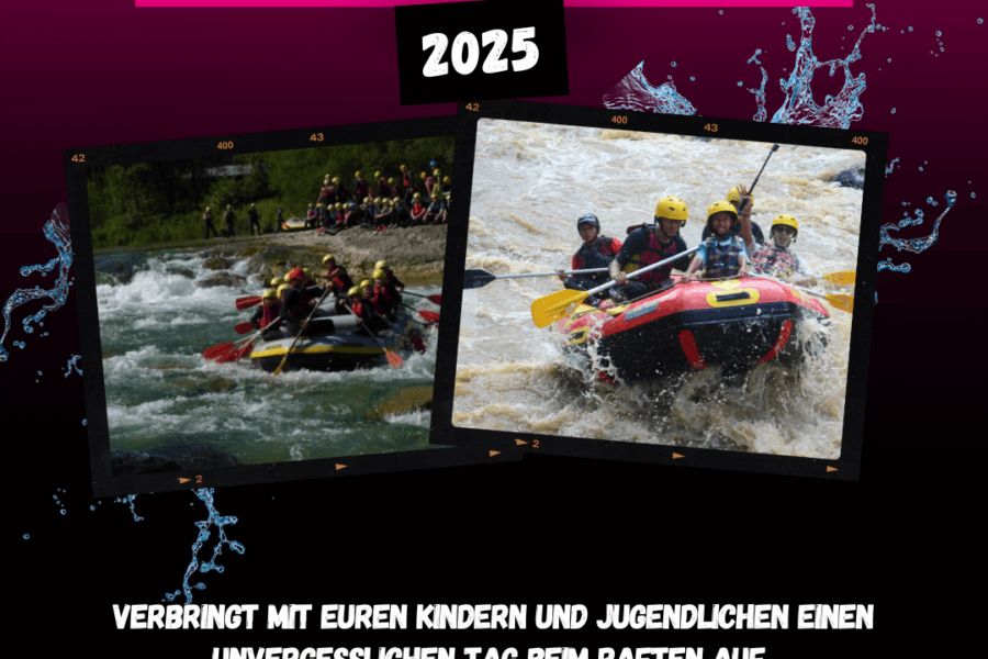 Aktionstage Rafting 2025 - Zwei Ausschnitte, auf denen jeweils eine Gruppe beim Rafting zu sehen ist